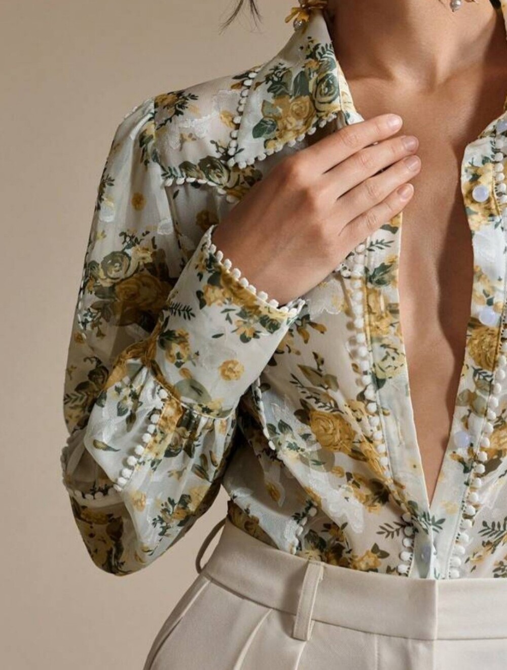 Floral Button-Front Sheer Blouse in Yellow & Cream/White